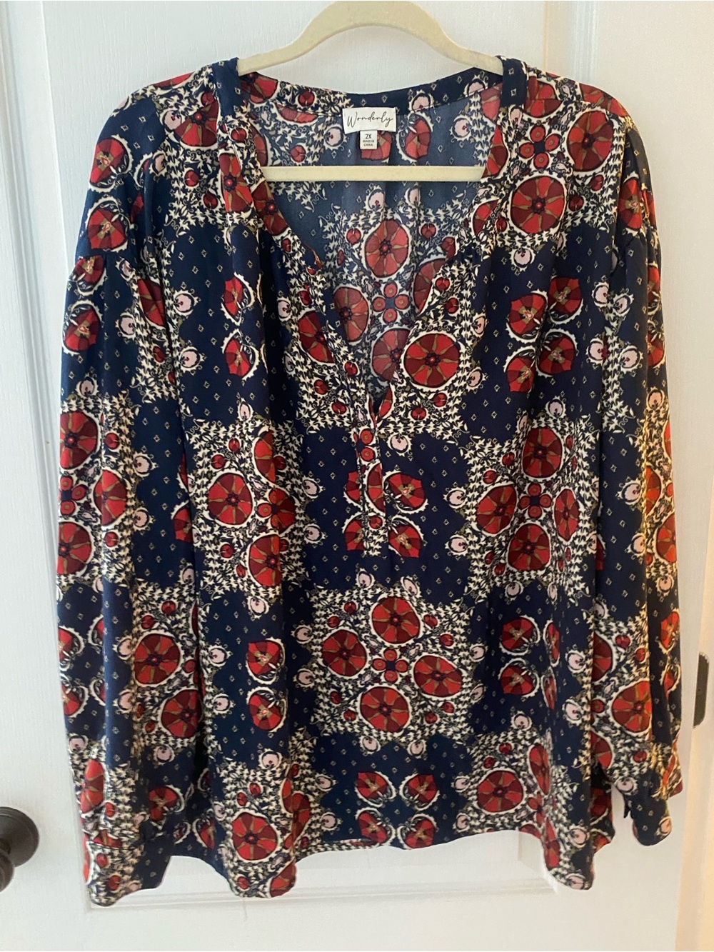 Wonderly Navy & Red Medallion V-Neck Blouse